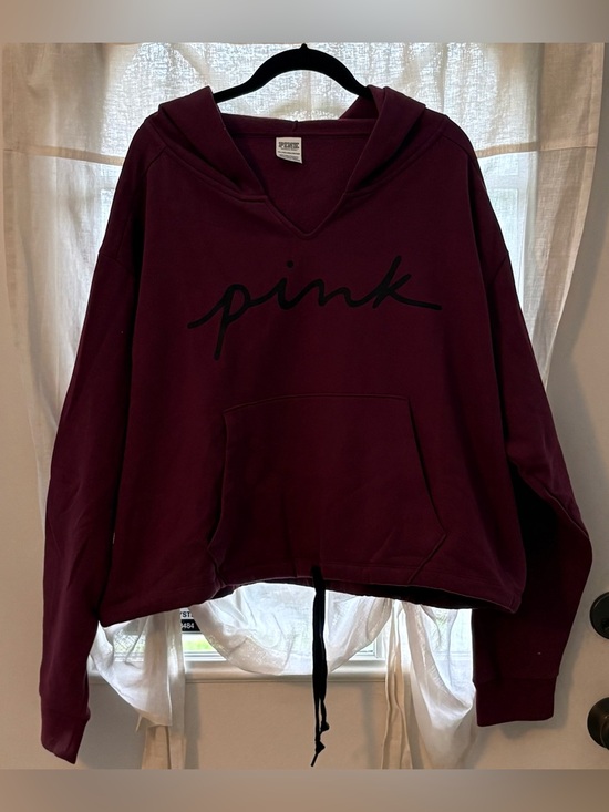PINK Victoria's Secret Tops - PINK Victoria’s Secret Campus Maroon Burgundy Cinch Hem V-Neck Hoodie XXL